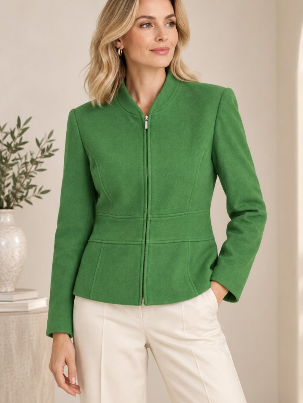 Mainbocher Women’s 12 Green Wool Cashmere Blend Zip Jacket Quiet Luxury